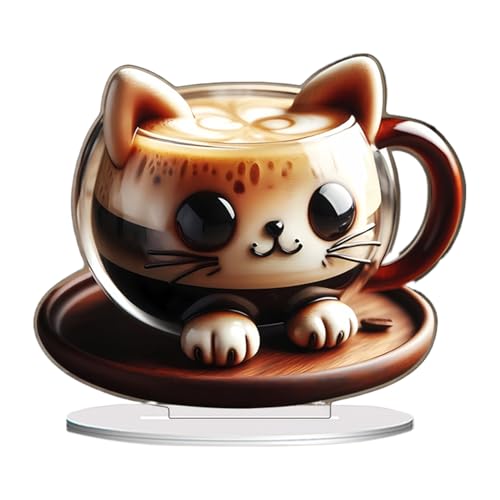 Figuras de taza de café de gato, estatua de animal de taza de café de gatito en 2D, adorable modelo de escultura de gato en miniatura para sala de estar, decoración de dormitorio, bonito adorno para