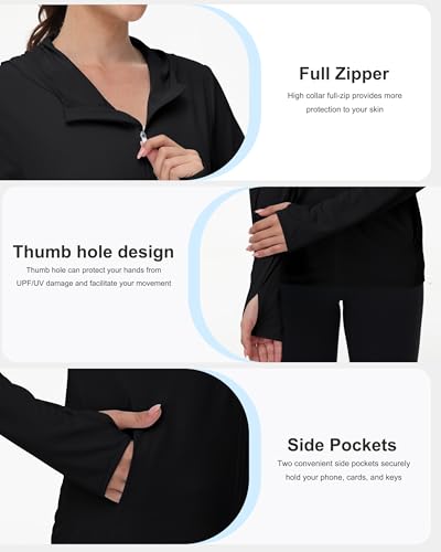 isnowood Women's UPF 50+ Sun Protection Rash Guard, UV SPF Long Sleeve Zip Hoodie Jacket, Lightweight Hiking Outdoor Shirts4