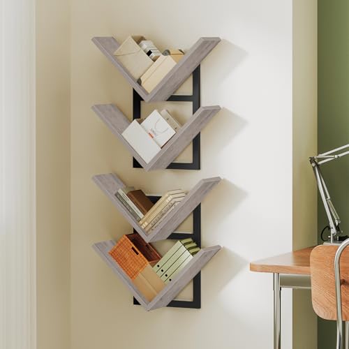 Image of HOOBRO Floating Shelves for Wall, Set of 2 Wall Mounted Shelves, 2-Tier Wooden Hanging Shelves Storage Racks, Tree Bookshelves, for Living Room, Bedroom, Office, Greige and Black BG55BJP201