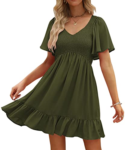 Image of LILLUSORY Women's Flowy Casual Mini Dresses 2026 Summer Graduation Smocked V Neck Vacation Dress Dress with Pockets