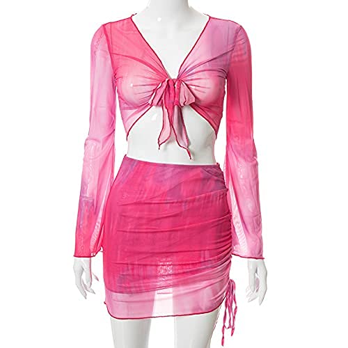 Image of Women's Sexy Long Sleeve 2 Pieces Sheer Mesh Cover Up Dress Crop Top Bodycon Ruched Y2K Mini Skirt Sets