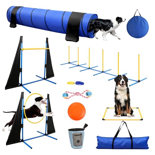 POPMOON Agility Training Equipment for Dogs,Dog Agility Equipment for Backyard&Indoor Training-Professional Backyard Course with Adjustable Jumps,Collapsible Tunnel,Storage Bags&Toys (11 Pcs)