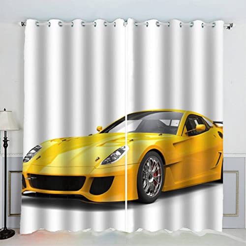 AKATIE Rideaux Voiture De Sport De Ville Jaune Course De Voitures Rideau Occultant Chambre Fille Garcon Rideaux Chambre Ado Isolation Thermique et Réduction...