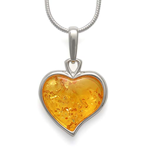 925 Sterling Silver Heart Pendant Necklace with Natural Honey Baltic Amber Gemstone. 20"