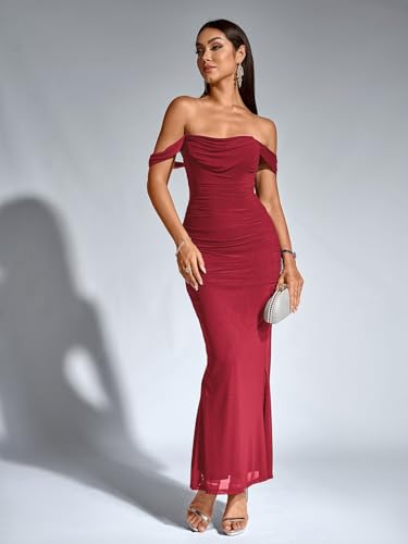 Image of KUTUMAI Off The Shoulder Maxi Long Dress Corset Ruched Bodycon Cocktail Formal Wedding Guest Dresses for Women