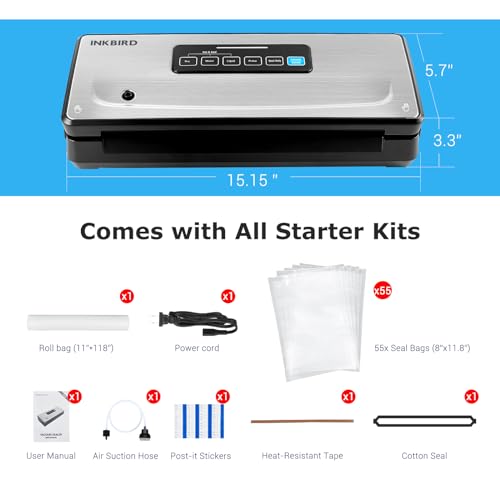 Image of Vacuum Sealer Machine with 55 Count 8''*12'' Food Sealer Bags and 11''*118'' Vacuum Roll, INKBIRD Vacuum Sealing Machine with Dry|Moist|Liquid|Pulse Sealing Modes for Food Preservation
