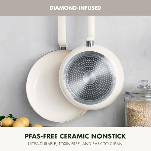 Image of GreenPan Rio Advanced 10 inch and 12 inch Frying Pan Skillet Set, Ceramic Nonstick PFAS-Free Pans, Induction Ready, Dishwasher and Oven Safe, Cream White