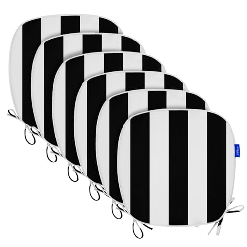 SleepMan Outdoor 17'x16' Chair Cushions with Ties Set of 6, Water Resistant All Weather U-Shape Seat Pads for Patio Garden Furniture Indoor Fade Resistant Patio Cushions (Black Stripe)