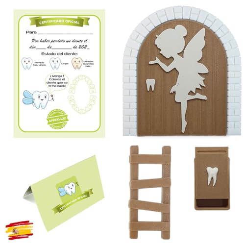 Myfuturshop® Hada de los dientes Puerta mágica + Caja para el Diente + Escalera + 4 certificados de Diente Limpio. Regalo Original para niño y niña. (MARRON CLARITO)