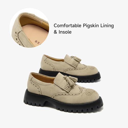 Image of BEAU TODAY Chunky Loafers for Women, Women's Leather Platform Loafers, Lug Sole Tassel Slip On Loafers Shoes Brogues Wingtip Casual Business Shoes Comfortable Dressy