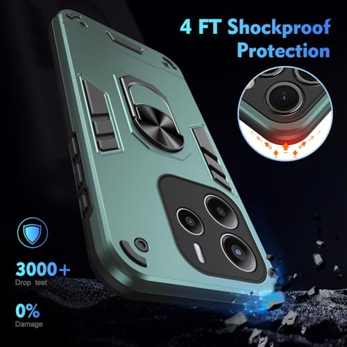 Image of ShieldTech Back Cover for Redmi Note 14 5G | Rugged Armor Case with Ring Stand | 360 Protection | Shockproof | Camera & Screen Guard for Redmi Note 14 5G (PC, Green)