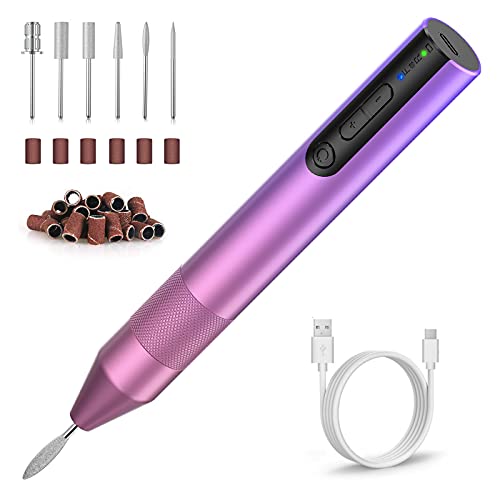 Electric Nail Drill, Portable Nail File for Acrylic Nails, Rechargeable Cordless Electric Nail Kit for Shaping, Polishing, Removing Gel Nails with 6 Nail Drill Bits & 26 Sanding Bands, Gradient Purple