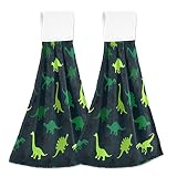 KOCOART Green Dinosaur Cute Kitchen Oven Towels Blcak Cat Paws Hanging Hand Towel with Loop 2 Pieces
