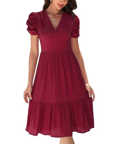 Image of Womens 2025 Summer Dress V Neck Puff Short Sleeve Tiered Dress Elastic High Waist Flowy Vacation Midi Dresses