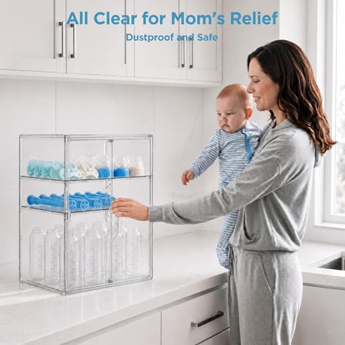 Image of HBlife Baby Bottle Storage Organizer for Countertop Cabinet, 3 Tiers Adjustable Clear Acrylic Bottles Storage Station Case Box Container with 2 Removable Dividers and Magnetic Double Door, X-Large