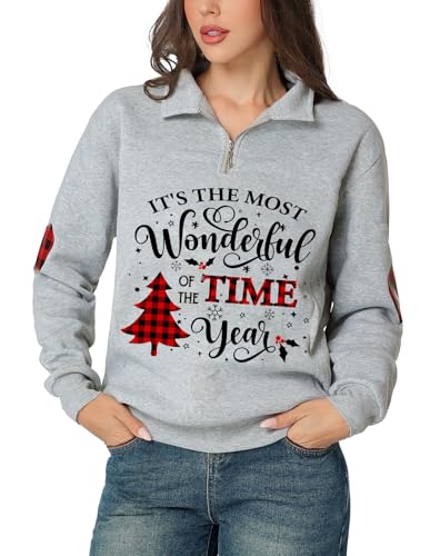 Glimnerize Christmas Womens Tops Sweatshirt Gnome 1/4 Zip Standing Collar Funny Graphic Christmas Jumper Hoodie Grey-A1 XL