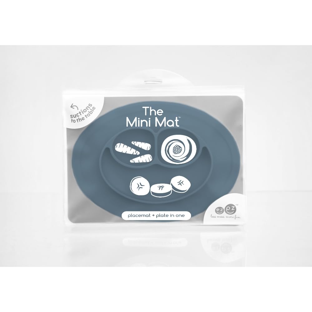 ezpz Mini Mat - 100% Food Grade Silicone Suction Divided Plate with Built-in Placemat for Infants + Toddlers Promotes Baby Self-Feeding for Highchair, Dining Table - Microwave Safe - 6Months+ (Indigo) 3