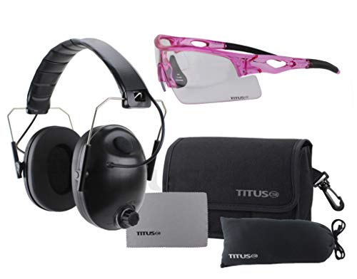 Titus Slim-Line Earmuffs And Safety Glasses Combo Pack (Black Electronic, Pink Frame W/Clear Lens) #TOP28