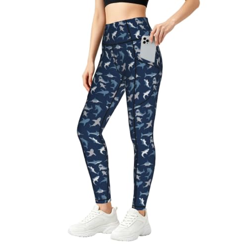 Pantalones de yoga elásticos con bolsillos leggings mujer tiburón azul no se transparentan