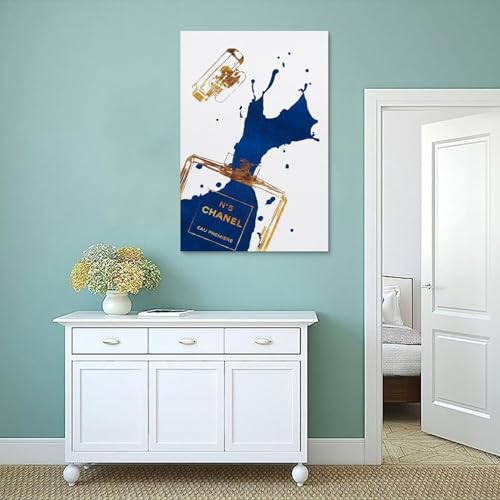 Image of BanLaArt Fashion Gold Perfume Bottle With Navy Blue Splash Canvas Print Poster Decorative Painting Canvas Wall Art Picture Print Modern Family Bedroom Decor 12x18inch(30x45cm), style-1