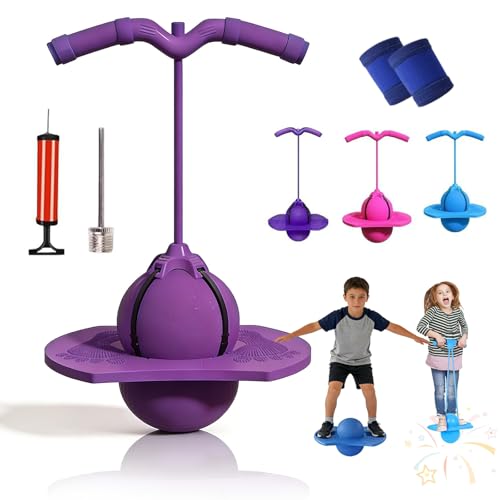 Pogo Jumper Ball for Kids & Adults, Balance Jumping Ball with Handle and Pump, Bounce Jump Trick Board, Strong Grip Deck Sticks for Boys & Girls, Exercise Balance Coordination Ability (Purple)