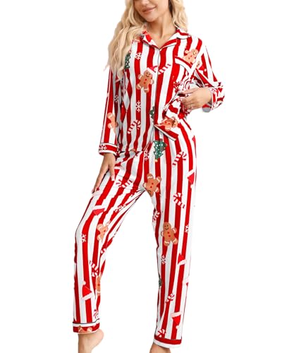 Pajamigols Christmas Pajamas for Women Set 2 Piece lounge Sets Candy Cane Striped Loungewear Cute Pj Soft Long Sleeve Button Down Sleepwear Red and White Striped XL