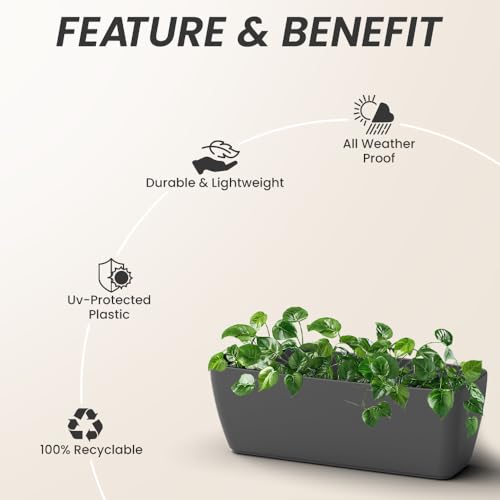 Image of YUCCABE ITALIA SHERA CABI Tray 16 INCH Plastic Flower Tray Pot Unbreakable Rectangular Planter Suitable for Home Garden Seedling Indoor and Outdoor (Grey, Pack of 3)