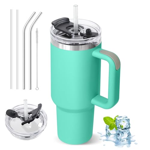 ZAKVOP Taza Termo cafe para Llevar, Taza Termica 1200ml con Tapa y Pajitas, Vaso Termico con Asa, Tumbler para Frío y Caliente, Travel Mug con Tapa Multifunción (Turquesa)