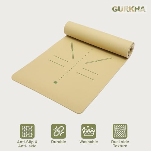 Image of GURKHA 8mm AlignFlow TPE Alignment Yoga Mat + Carry Bag | Extra-Cushioned Non-Slip Performance Mat for Yoga, Pilates, HIIT & Home Workouts | Durable Fitness Mat for Men & Women - Raw Earth | 6X2 ft