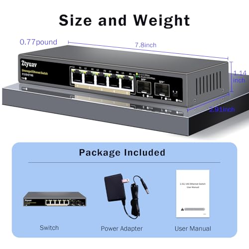 Image of 7 Port Unmanaged 2.5G Ethernet Switch with 5 x 2.5G RJ-45 Base-T Ports, 2 x 10G SFP+, Ports Speed Auto-Negotiation-100 /1000 /2500Mbps, One-Key VLAN, Desktop /Wall Mount, Fanless & Metal