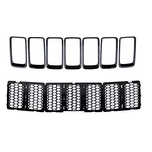 Image of Full Set Honeycomb Mesh Grille Insert with Cover Trim Ring Compatible with 2014-2016 Jeep Grand Cherokee
