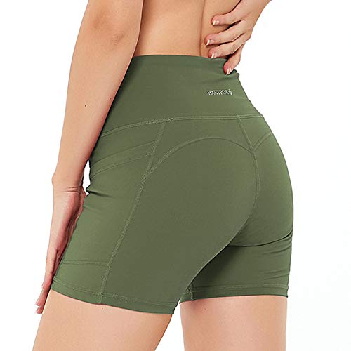 HARTPOR Damen 12,7 cm Workout Shorts Hohe Taille Bauch Kontrolle Yoga Training Übung Shorts mit Taschen - Grün - Groß Cover