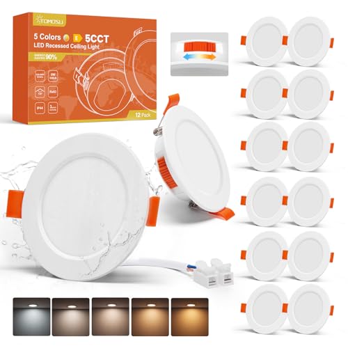 Tomosu Lot de 12 5CCT Spot Led Encastrable 68mm, 5W 550LM Spot Extra Plat IP44 Spots Encastrés Salle de Bain, 220V Spots de Plafond Blanc Chaud Blanc Neutre...