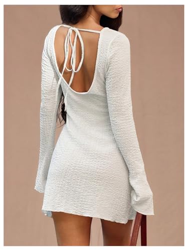 Floerns Women's Textured Tie Back Flare Sleeve Mini Dress Going Out A Line Dresses3