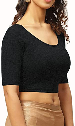 Image of THE BLAZZE 1303 Women's Cotton Scoop Neck Backless Elbow Sleeve Crop Top Readymade Saree Blouse for Women