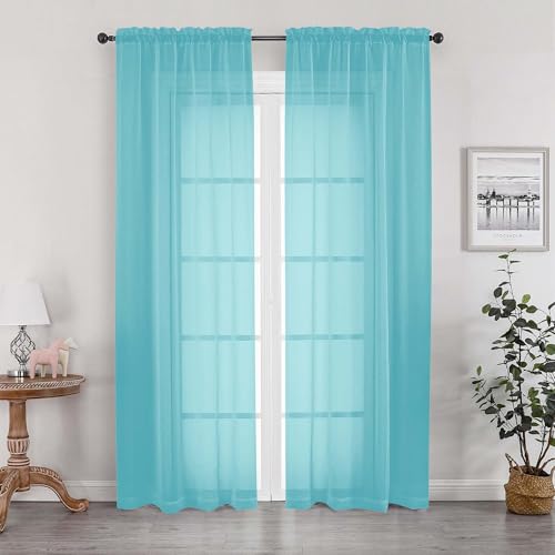Image of OWENIE Aqua Sheer Curtains 84 Inches Long for 2 Panels Set, Solid Light Filtering Voile Sheer Curtains for Living Room Bedroom, Modern Rod Pocket Aqua Curtain, 2 Pcs Total 84 Width 84 Long