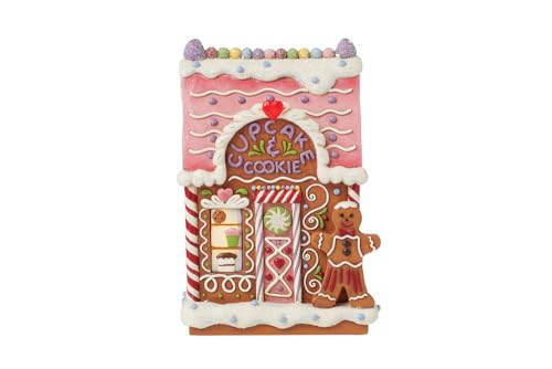 Enesco Jim Shore Heartwood Creek Gingerbread Cupcake and Cookie Bakery Lit Figurine- Stone Resin Hand Painted Crafted Collectible Gingerbread House Figurines with Lights Christmas Home Decor, 6.7 Inch