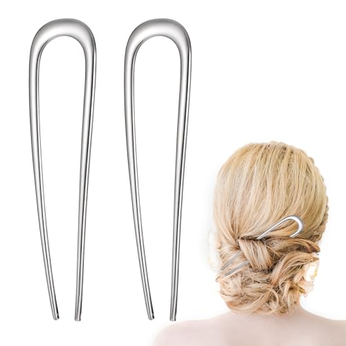 2 PCS French Hair Pins U-Shaped Large Metal Hair Pins 2 Prong Hair Fork for Women French Twist Hair Pin Hair Bun Accessories for Thick Fine Hair 5.51x 1.38inch, Silver