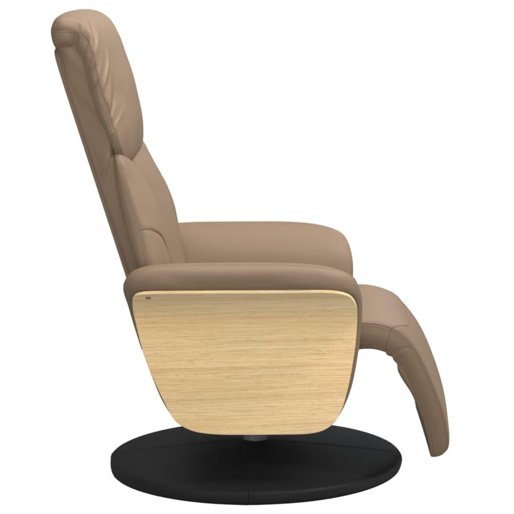 Fotel relaksacyjny z podnóżkiem, kolor brązowy cappuccino, sztuczna skóra, obrotowy, regulowany, z funkcją leżenia, ergonomiczny, wygodny, do salonu, biura, kącika do czytania, kominka