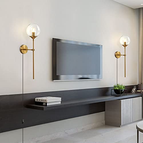 Image of BOKT Modern Long Globe Plug in Wall Sconce Lighting Set of 2 Mid Century Brass Gold Wall Sconce Light Plug in Set of Two Clear Glass Bathroom Bedroom Wall Lamp (Clear-Plug in)