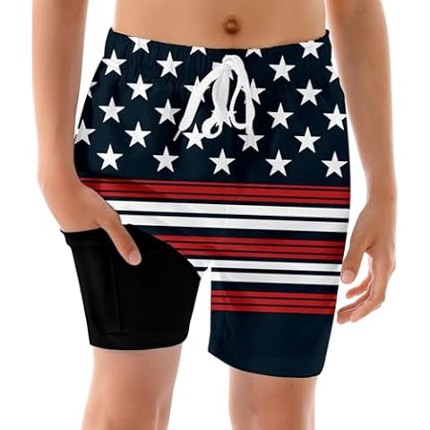 BFUSTYLE Boys Swim Trunks Kid Swim Short with Compression Liner Little Boys Bathing Suit Independence Day Cover
