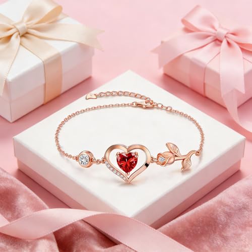 Image of 1CT Rose Heart Bracelet Moissanite Lab-Grown Sapphire Ruby Emerald&More 18K White Rose Gold Plated Anniversary Birthday Gift for Wife Girlfriend Mom Daughter Mothers Day Gift for Mom