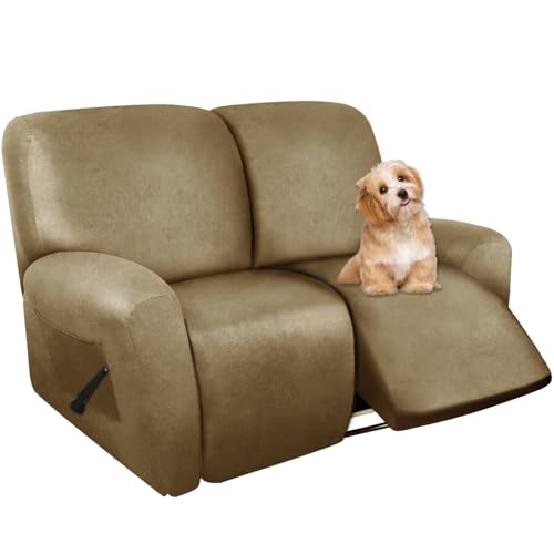 Image of molasofa Loveseat Recliner Slipcover - 6 Pieces Stretch Leather Like Recliner Sofa Cover for 2 Seat Dual Reclining Loveseat Couch, Furniture Protector with Elastic Bottom (Mustard)