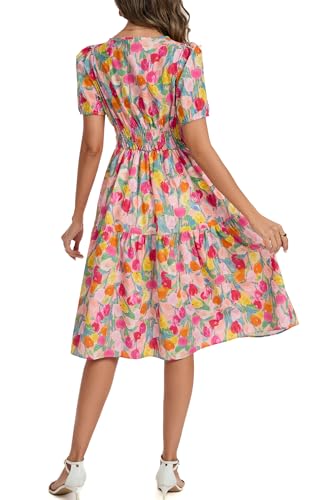 Image of Kormei Women Summer Casual Boho Floral Round Neck Short Sleeve Smocked Waist Tiered Flowy Swing Midi Dress M Pink Floral