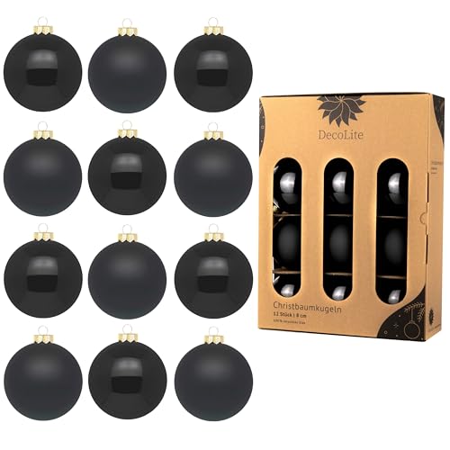 DecoLite: Christbaumkugeln aus Glas Ø 8 cm (12 Stück) - Schwarz - matt/glänzend