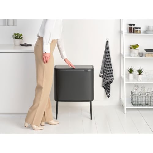 Image of Brabantia Bo Touch Top Kitchen Trash Can with Dual Compartments & Raised Legs | Confident Gray | 3 + 6 Gal Inner Buckets | Soft-Close Garbage Can, Stay-Open Lid | Fits Against Wall | + Trash Bags