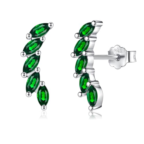 Image of Sterling Silver Stud Earrings for Women, Cubic Zirconia Leaf Shaped Cluster Cartilage Climber Earrings Upper Ear Helix Piercing Tragus studs for Girls Gifts Green