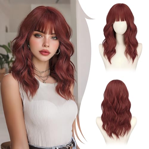 RUWISS Kupfer Rot Lange Gewellte Perücke mit Pony für Damen 20 Zoll Layered Perücke Damen Natürlich Synthetisch Hitzebeständig Wigs für Alltag Party Cosplay Halloween