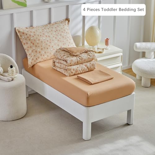 Image of DuShow Toddler Bedding Set for Girls and Boys,4 Piece Bed-in-a-Bag Toddler Comforter Sets,Orange Floral Crib Bedding Sheets Set,Include Quilt Comforter,Flat Sheet,Fitted Sheet,Pillowcase