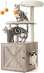 Feandrea Arbre de chat avec boîte à litière, 2-in-1 Tour Cat moderne pour les chats intérieurs, Condo Cat de 52.8-Inch avec auto-groomère, poteaux de scratching, Coussins lavables, Greige UPCT115G01